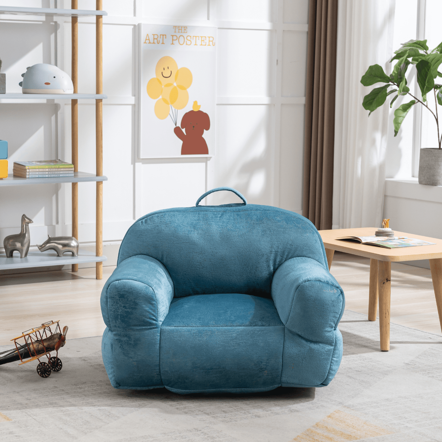 Indoor Use Memory Foam Stuffed Velvet Bean Bag Chair for Children- Blue_0