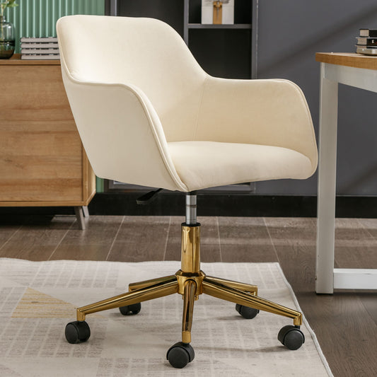 360° Revolving Modern Design Velvet Home and Office Chair with Metal Legs- Beige_0