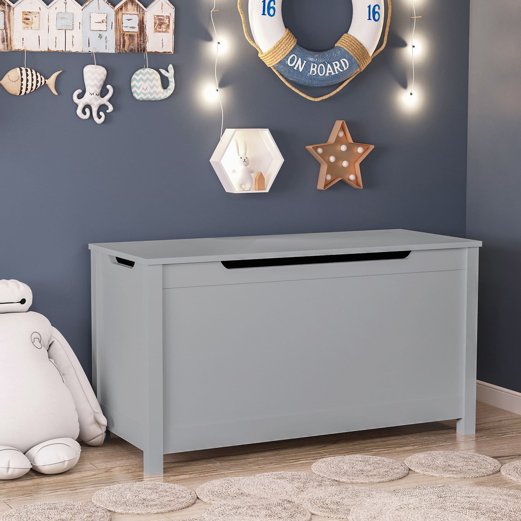 Kids Wooden Toy Box Storage with Safety Hinged Lid for Ages 3+ -Gray_0