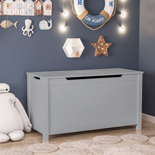 Kids Wooden Toy Box Storage with Safety Hinged Lid for Ages 3+ -Gray_0