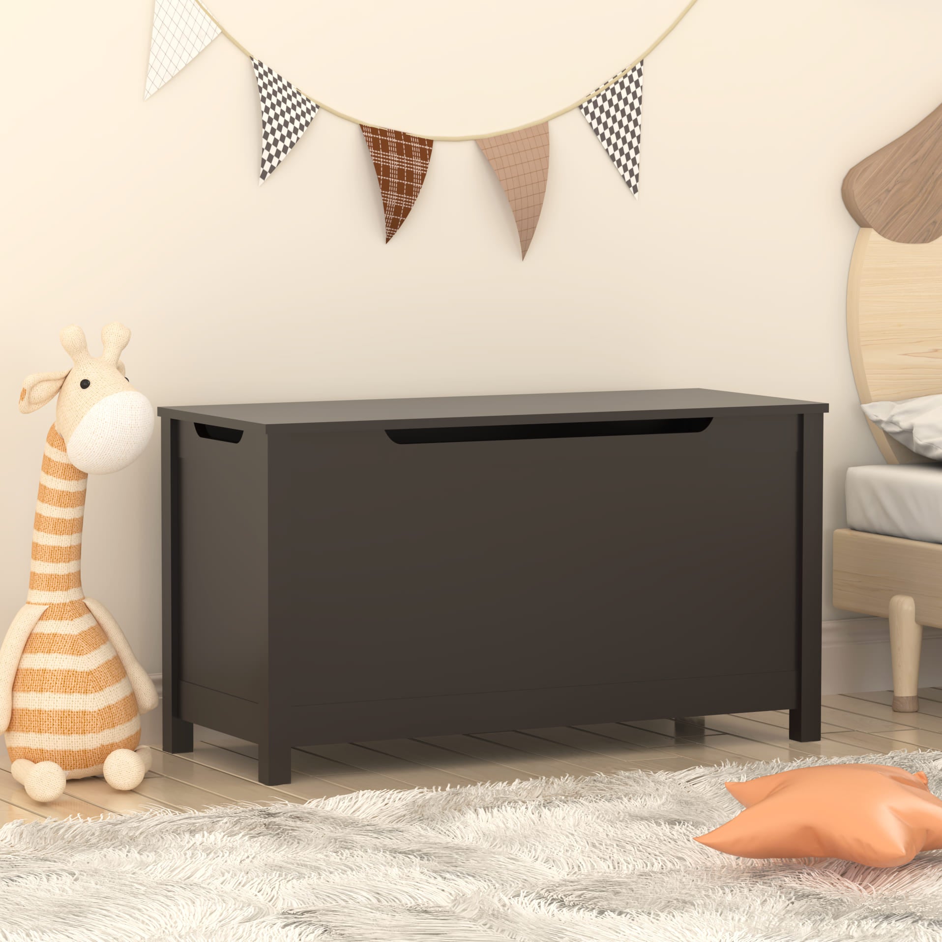 Kids Wooden Toy Box Storage with Safety Hinged Lid for Ages 3+ -Dark Brown_1