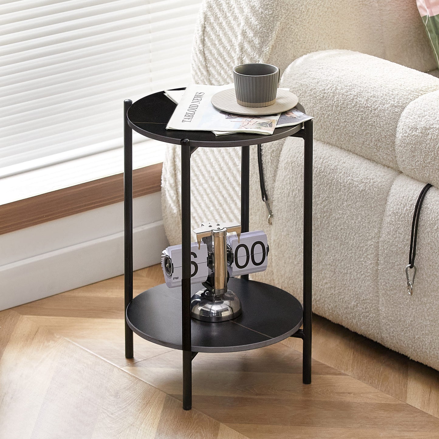 2-layer End Table with Whole Marble Tabletop, Round Coffee Table with Black Metal Frame for Bedroom Living Room Office (black,1 piece)_0