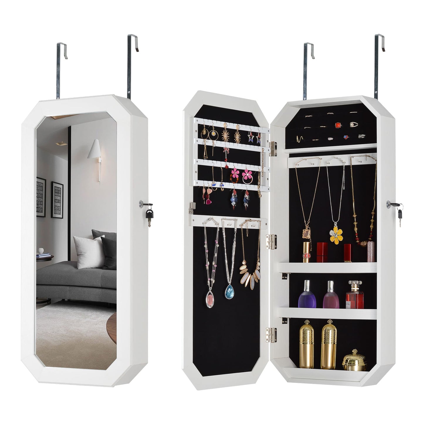 Fashionable Octagon Rimmed Mirror and Jewelry Storage Cabinet- White_0