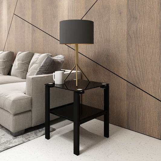 Two Layered Tempered Glass Small Bedroom Corner Home Tea Table- Black+Black_0