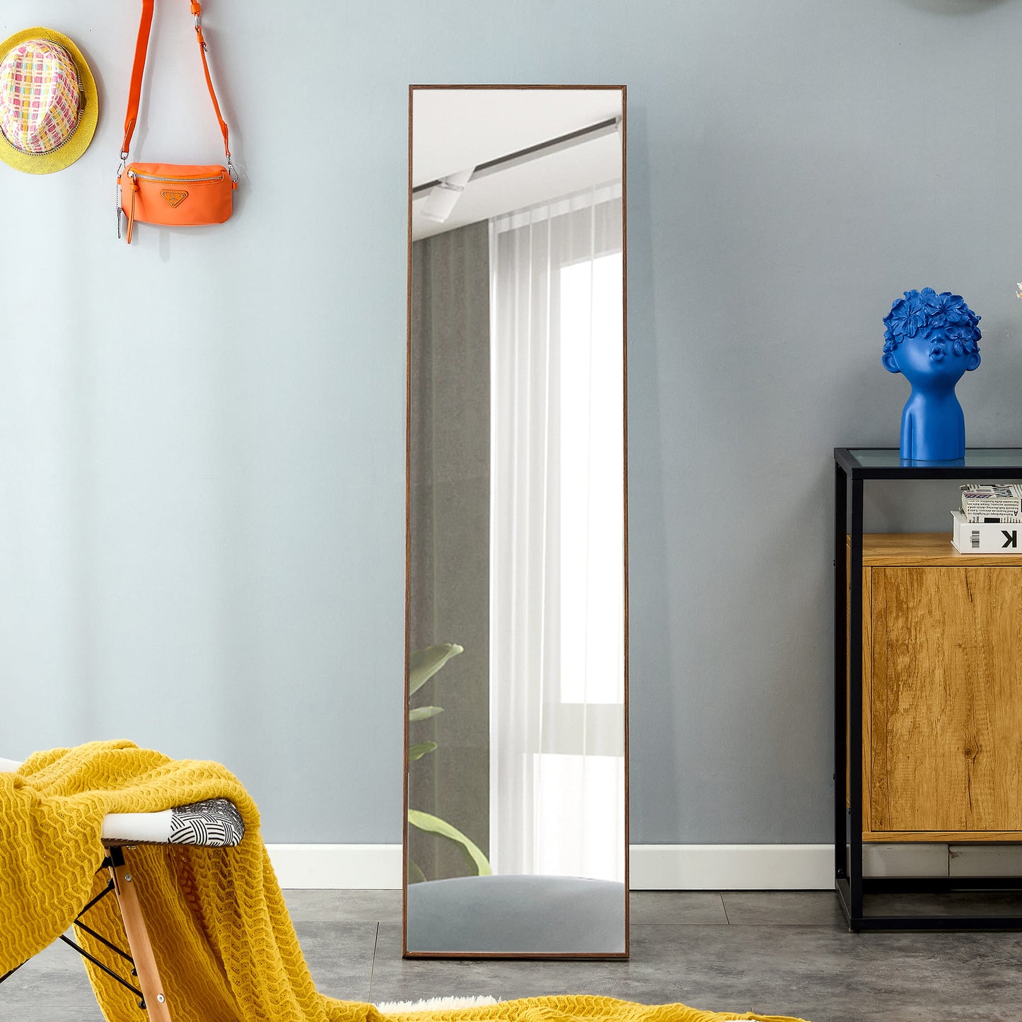 Full-Length Body Dressing Mirror with Solid Wooden Frame and Stand- Brown_0