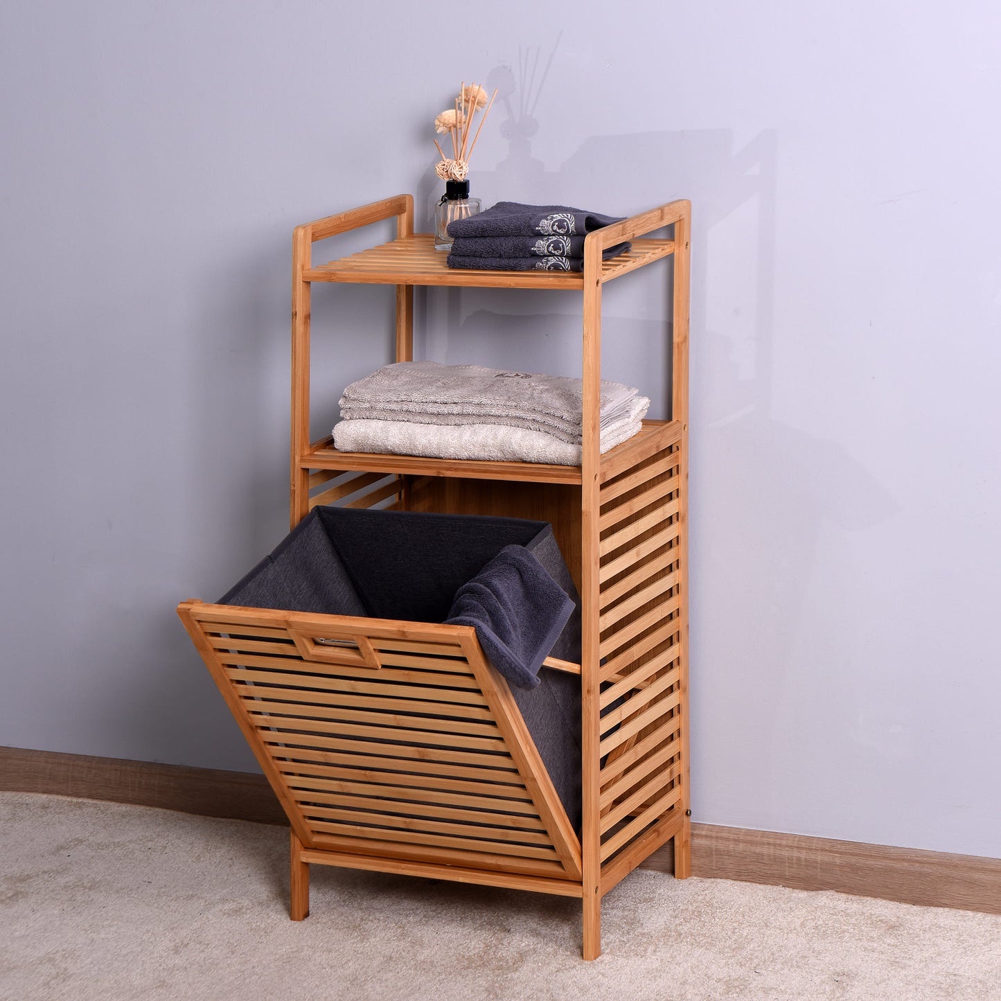 Natural Wooden Organizer  Bamboo Laundry Storage Basket with 2 Tier Shelf_0