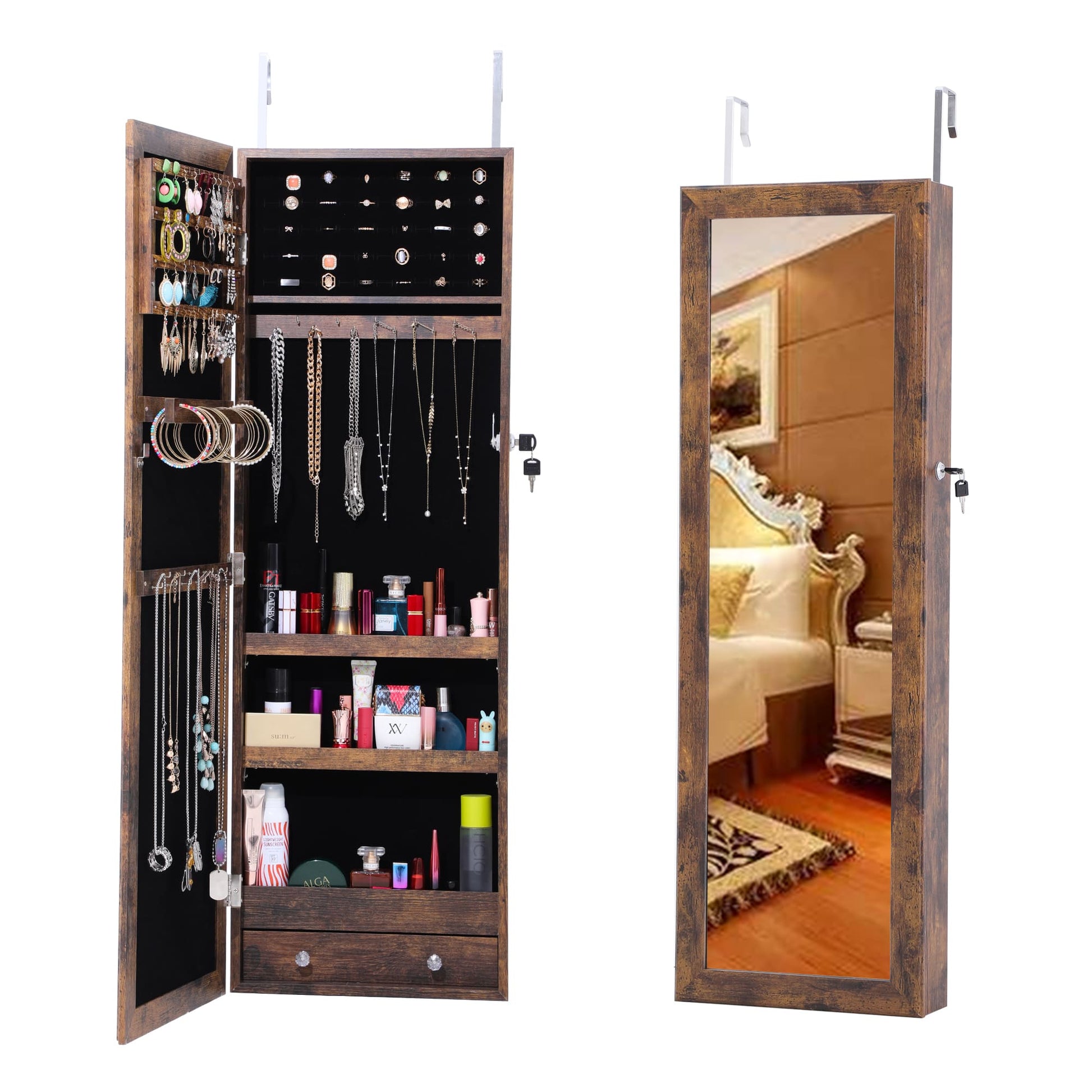 Full Body Mirror and Jewelry Case Storage Cabinet Door and Wall Hanging- Antique Gray_0