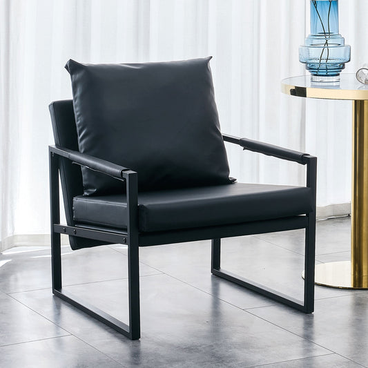 PU Leather Heavily Padded Backrest and Seat Cushion Accent Chair - Black_0