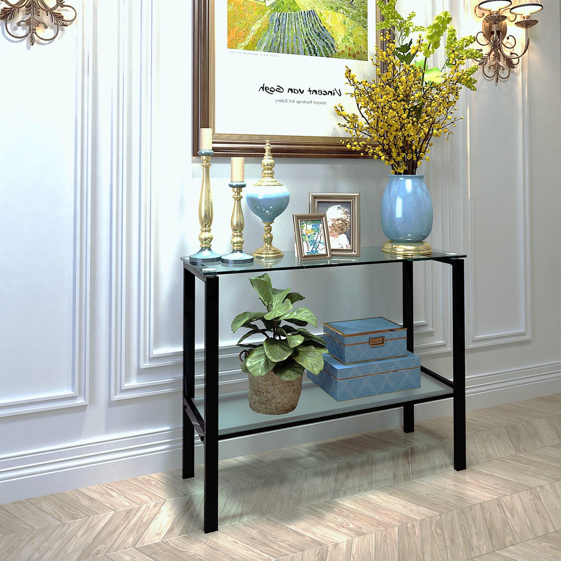 Double Layered Tempered Glass Rectangular Console Center Table- Black_1