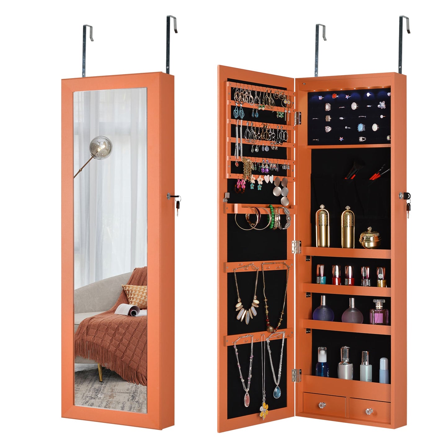 Wall Hanging Simple Jewelry Storage Mirror Cabinet With LED Lights- Orange_0