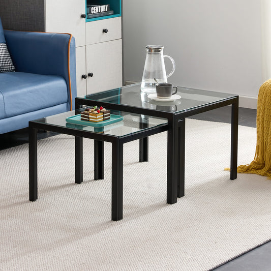 Set of 2 Tempered Glass Modern Design Nesting Coffee Table Set- Transparent_0