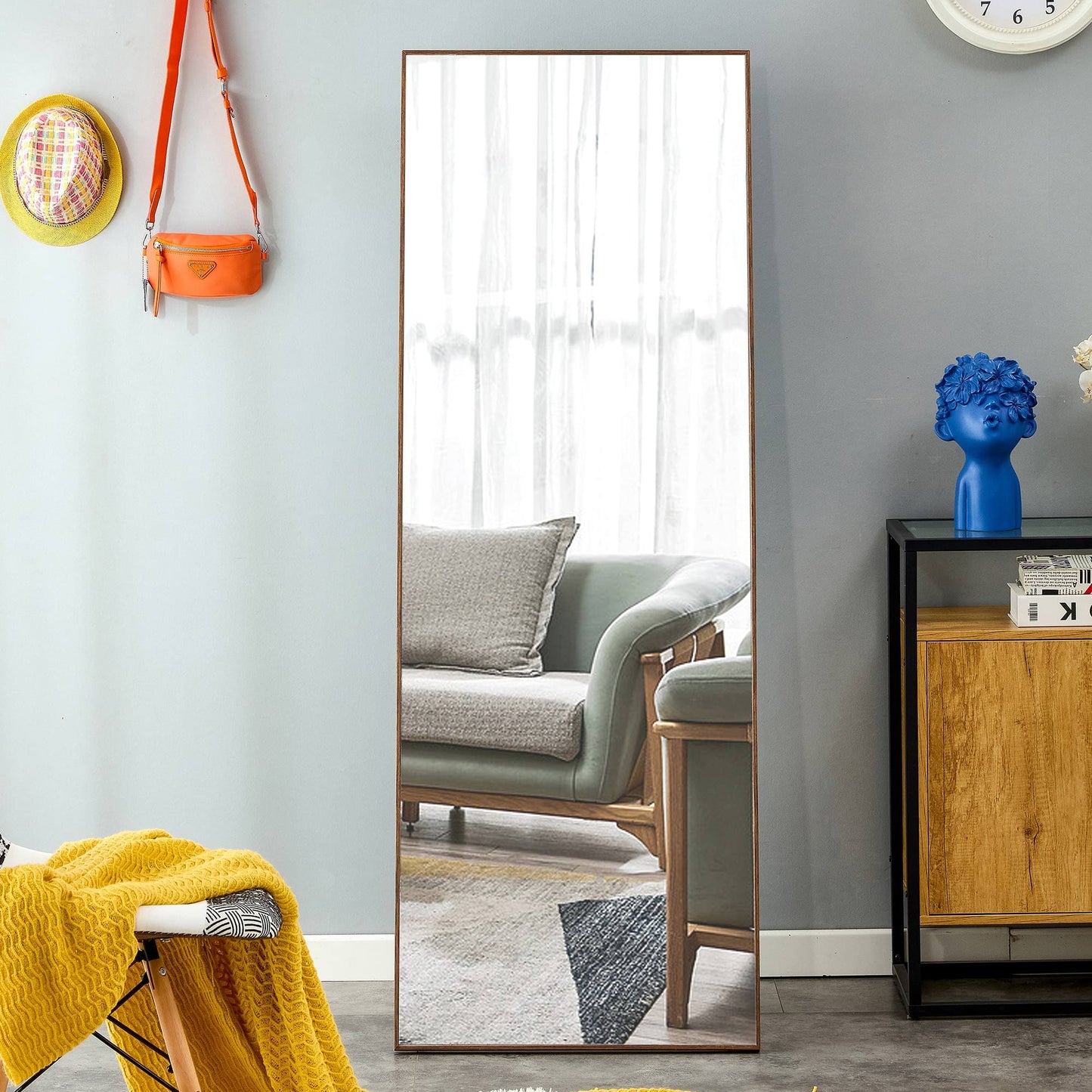 Wall Mounted Solid Wood Frame Full Length Dressing Mirror with Stand- Brown_0