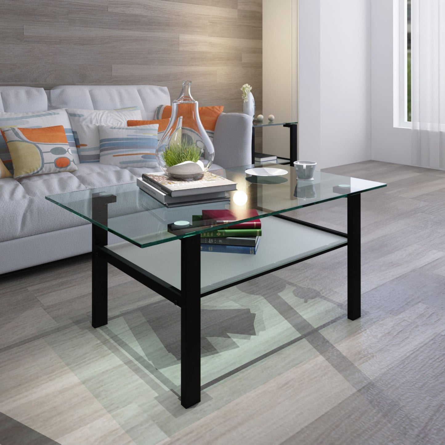 Double Layer Living Room Glass Coffee Table with Metal Legs- Transparent+Black_0