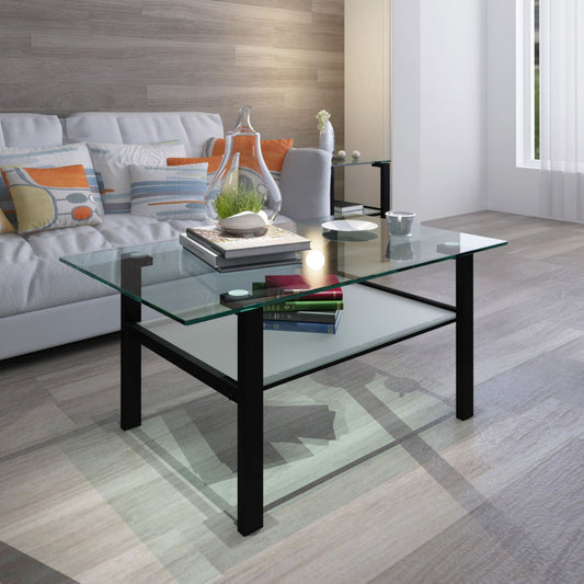 Double Layer Living Room Glass Coffee Table with Metal Legs- Transparent+Black_0