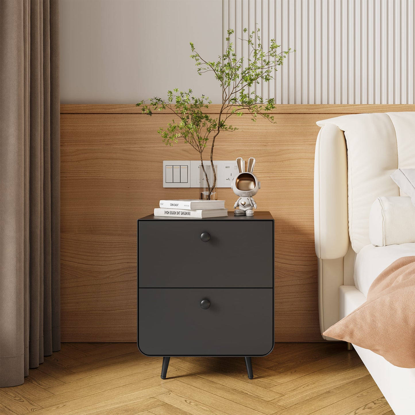 2 Drawers Nordic Minimalist Bedside Steel Cabinet with Round Handle- Black_1