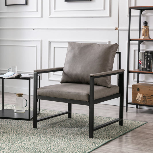 Single Sofa Faux Leather Accent Chair with Black Powder Coated Metal Legs- Gray_0