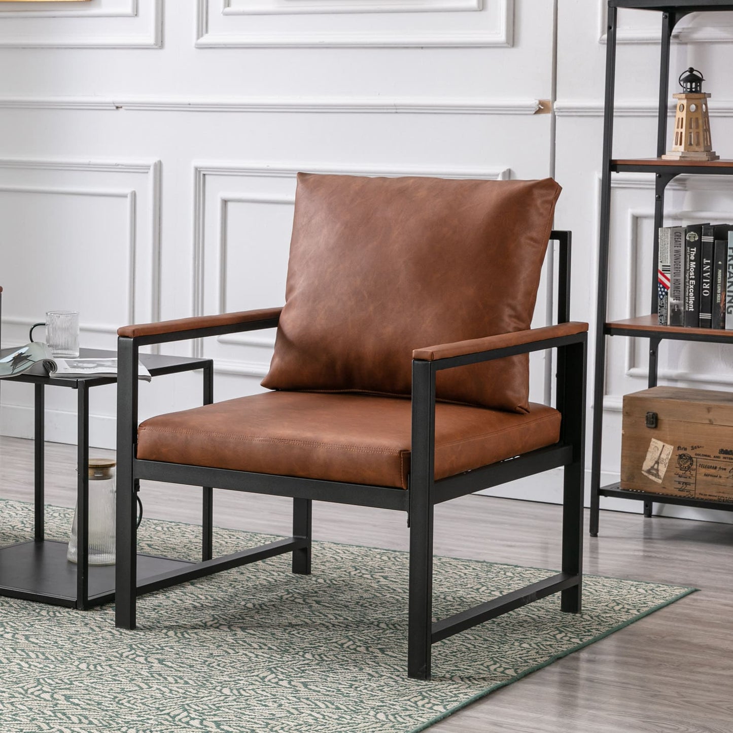 Single Sofa Faux Leather Accent Chair with Black Powder Coated Metal Legs- Orange_0