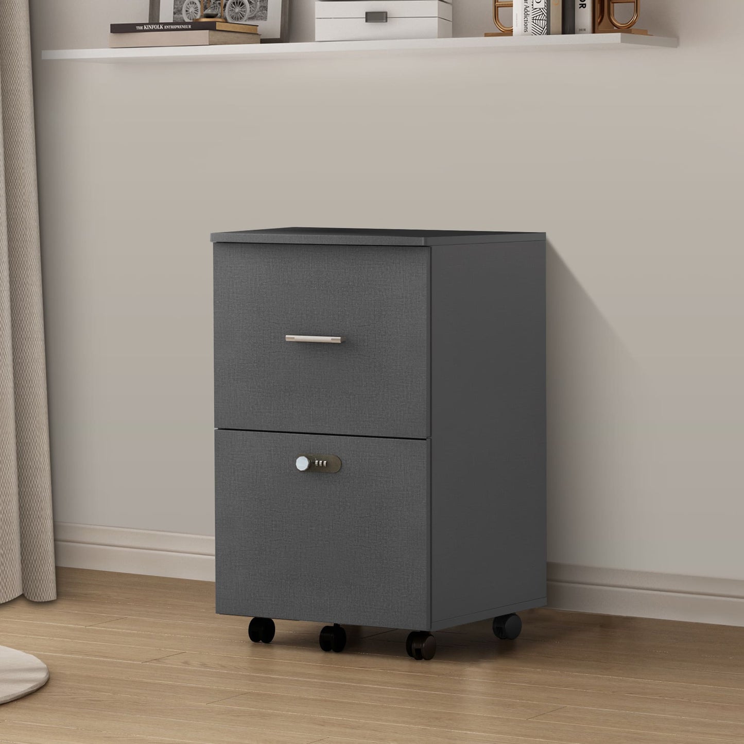 2 Drawers Office Rolling File Cabinet Storage Printer Stand with Lock- Dark Gray_0