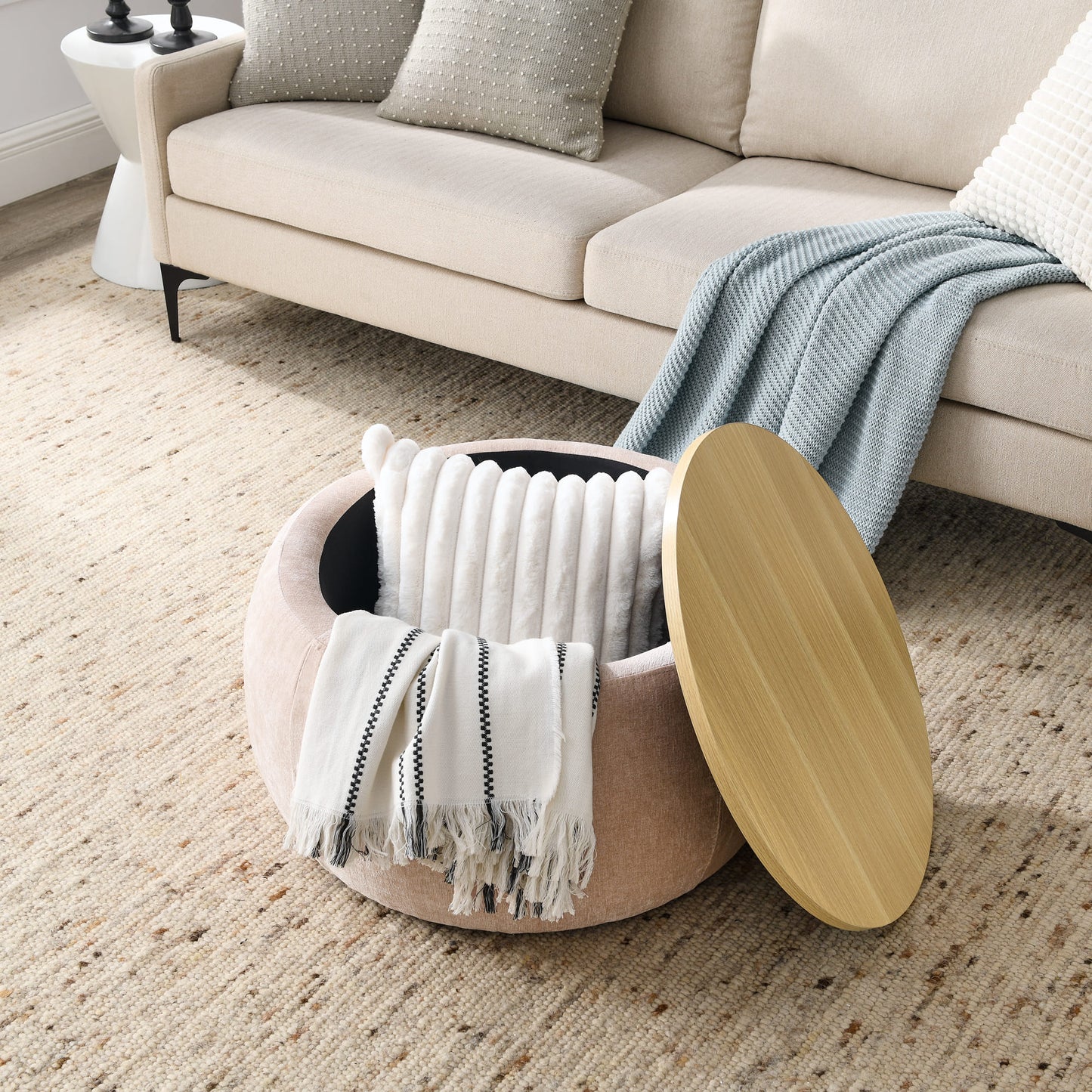 2 in 1 Round Storage Organizer and Foot Stool with Wooden Lid- Pink_1