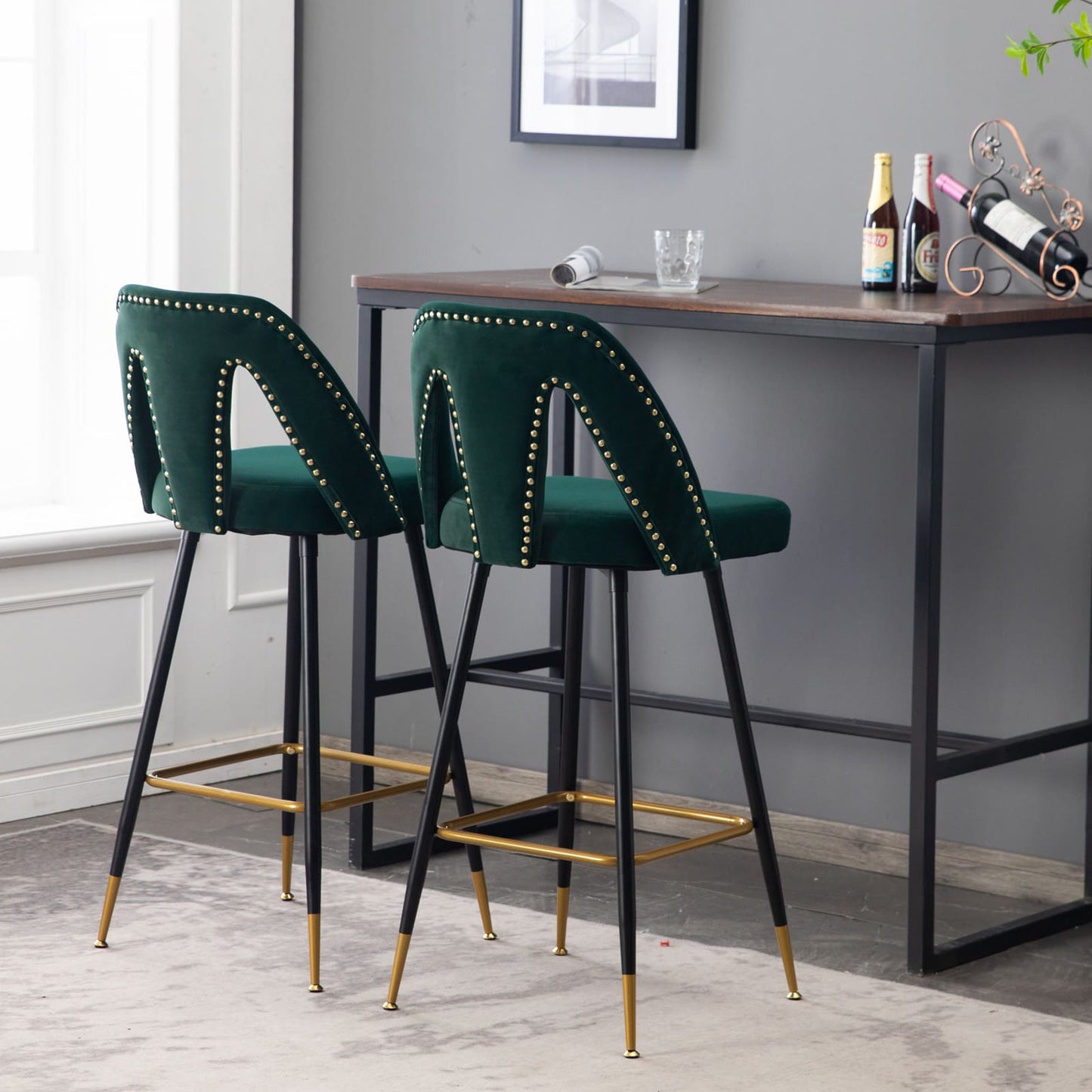 2pcs Gold Accent Swivel Bar Stools Velvet Upholstery with Nailheads - Green_0