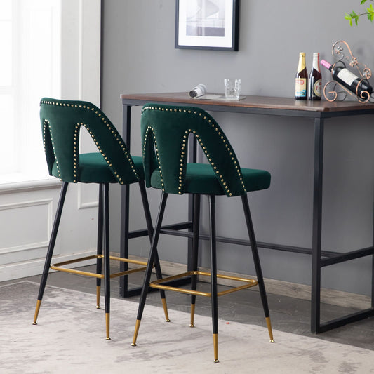 2pcs Gold Accent Swivel Bar Stools Velvet Upholstery with Nailheads - Green_0