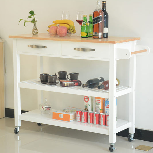 Rubber Wood Top Simple Design Mobile Kitchen Island with Two Lockable Wheels- White_0