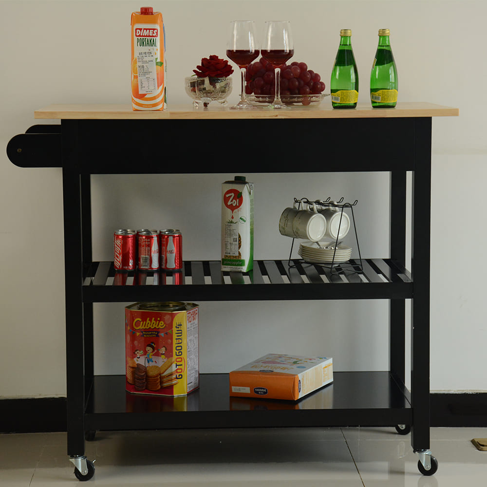 Rubber Wood Top Simple Design Mobile Kitchen Island with Two Lockable Wheels- Black_0