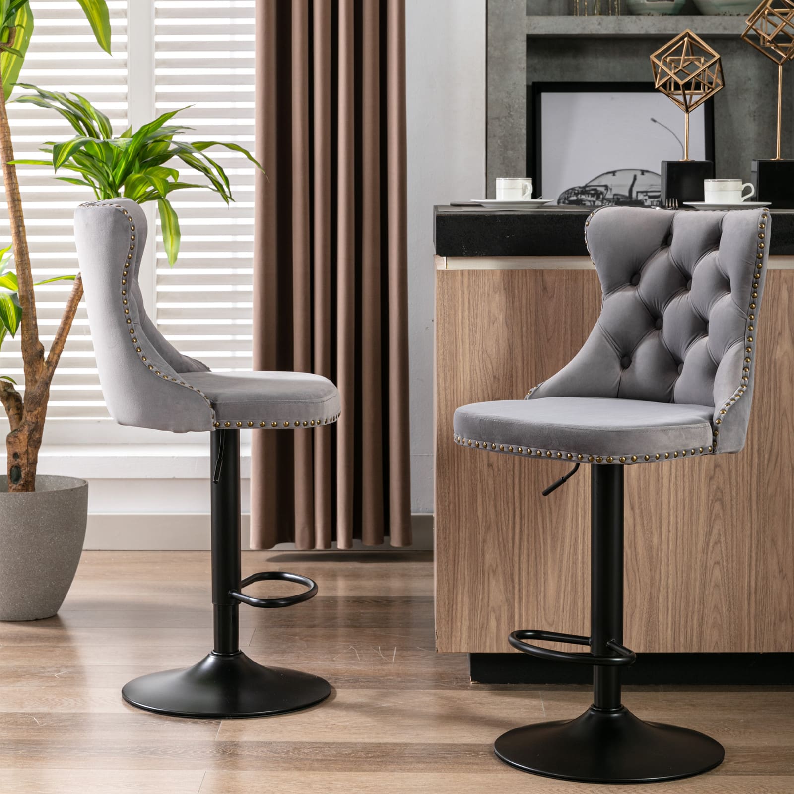 Set of 2 Modern Upholstered Tufted Velvet Armless Bar Stools with Back Rest- Grey_1