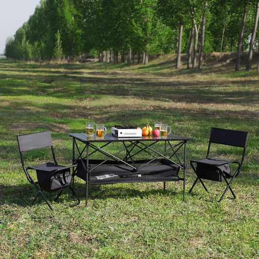 Set of 3 Outdoor Roll up Table and Folding Chair Set Portable Camping Set- Black_0
