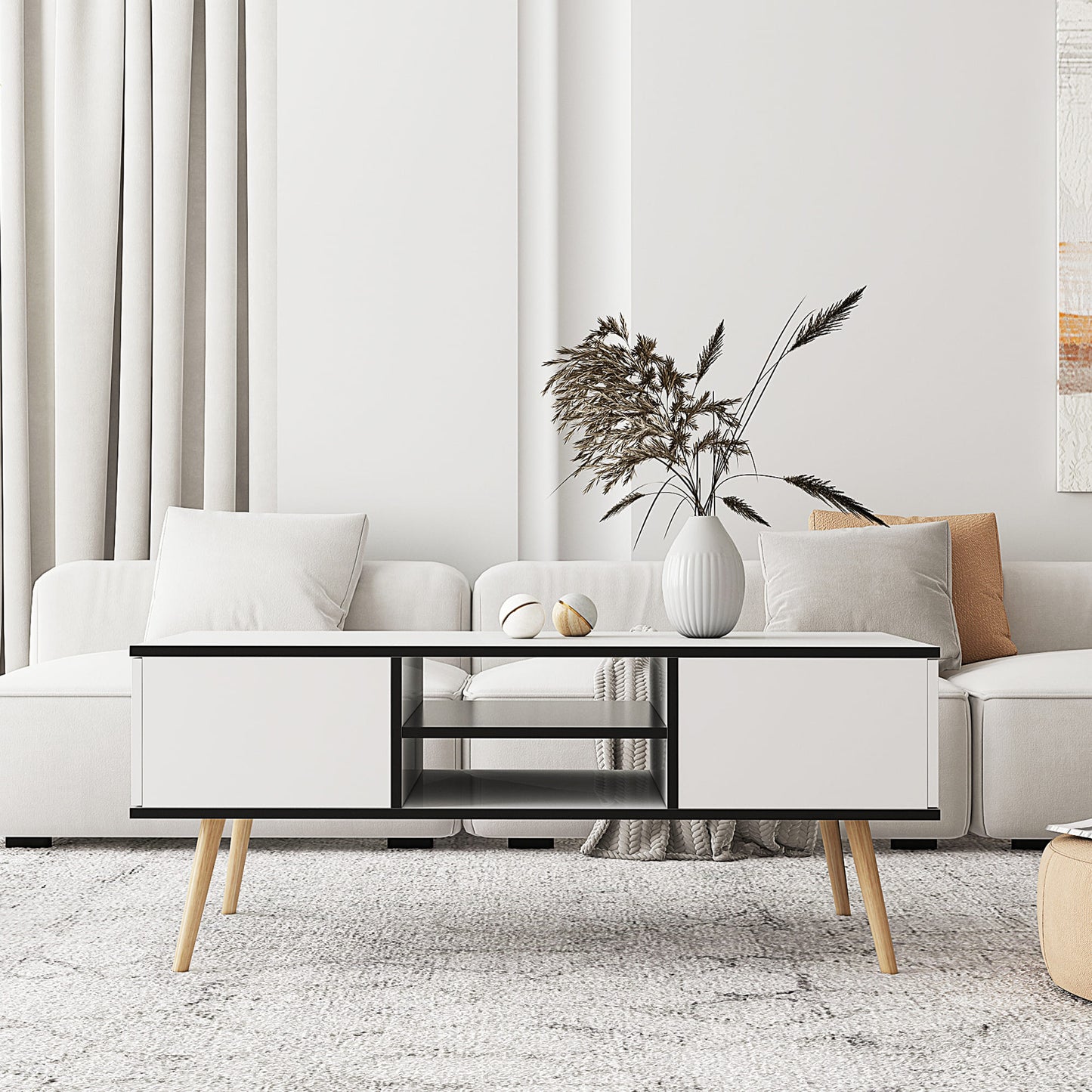Coffee Table with Solid Wood Legs Support and Big Storage Space- White_0