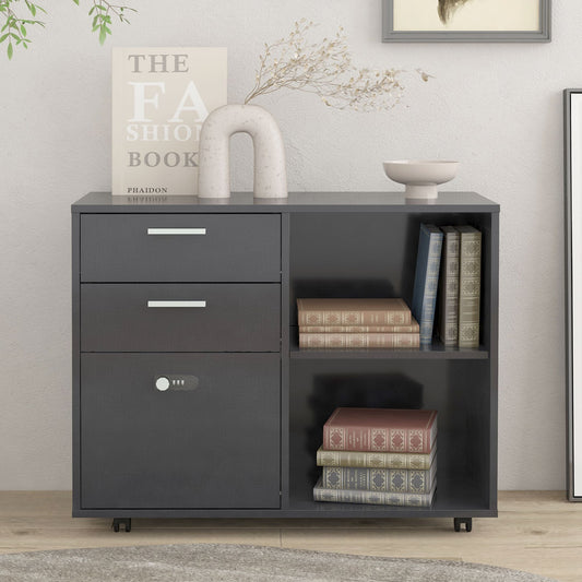 Small Rolling Portable Wooden Drawer File Cabinet with Safety Lock- Dark Gray_0