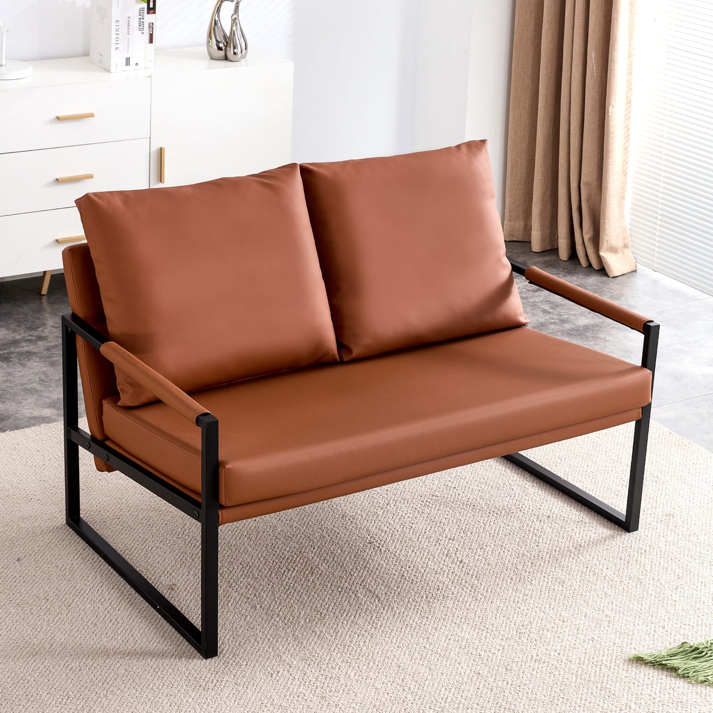 2 Seater Modern Designed PU Leather Sofa Set with Black Metal Frame- Brown_0