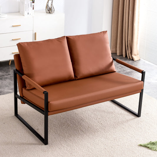2 Seater Modern Designed PU Leather Sofa Set with Black Metal Frame- Brown_0