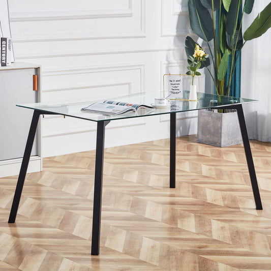 Modern Minimalist Rectangular Tempered Glass Dining Table with Black Metal Legs_0