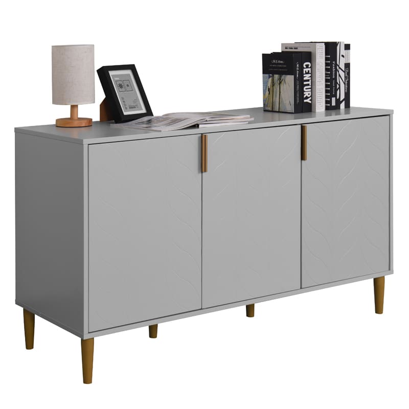 3 Carved Doors Freestanding Sideboard Cabinet Space Organizer- Gray_0