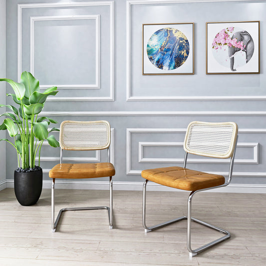 Set of 2 PU Leather Dining Chair with High-Density Sponge Rattan Chair- Brown_0