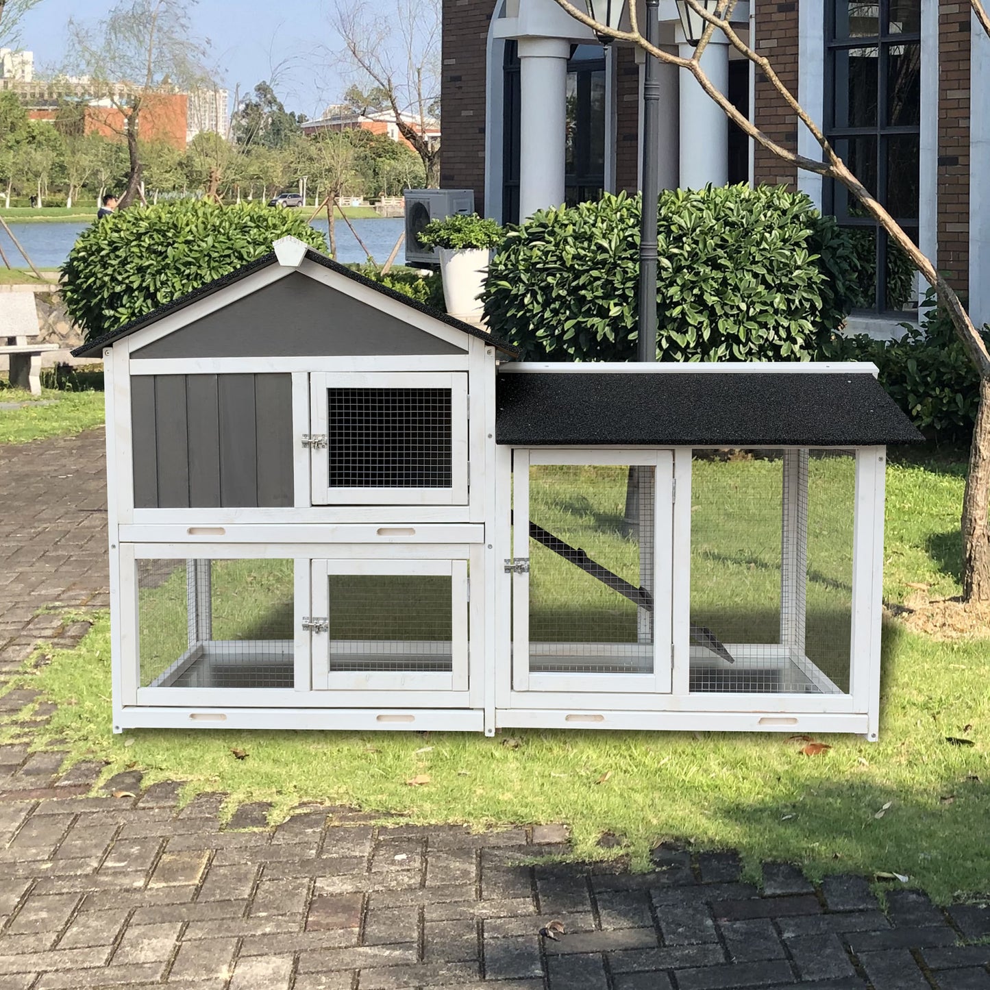 Wooden Outdoor Hutch with Running Cage and Removable Ramp Tray- Gray_0