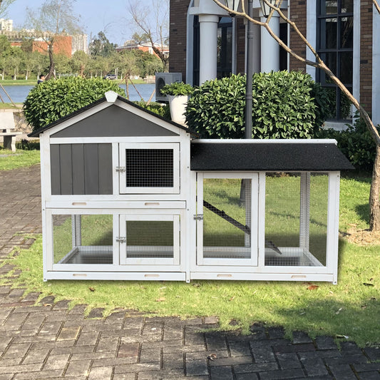 Wooden Outdoor Hutch with Running Cage and Removable Ramp Tray- Gray_0