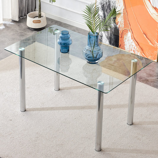 Modern Minimalist Rectangular Tempered Glass Desktop with Silver Metal Legs_0