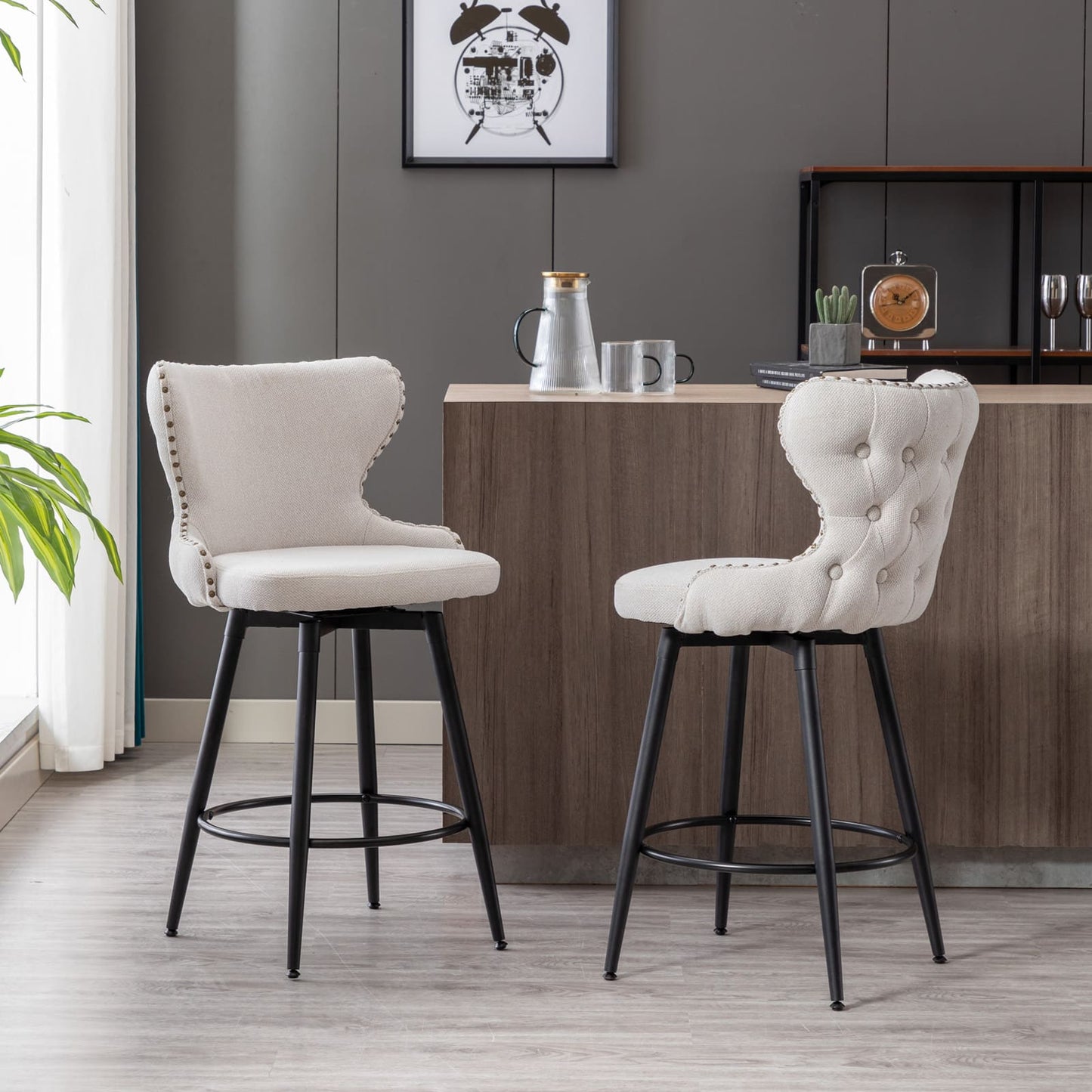 2pcs Gold Accent Bar Stools Tufted Fabric Upholstery with Nailhead and Black Legs- Beige_0