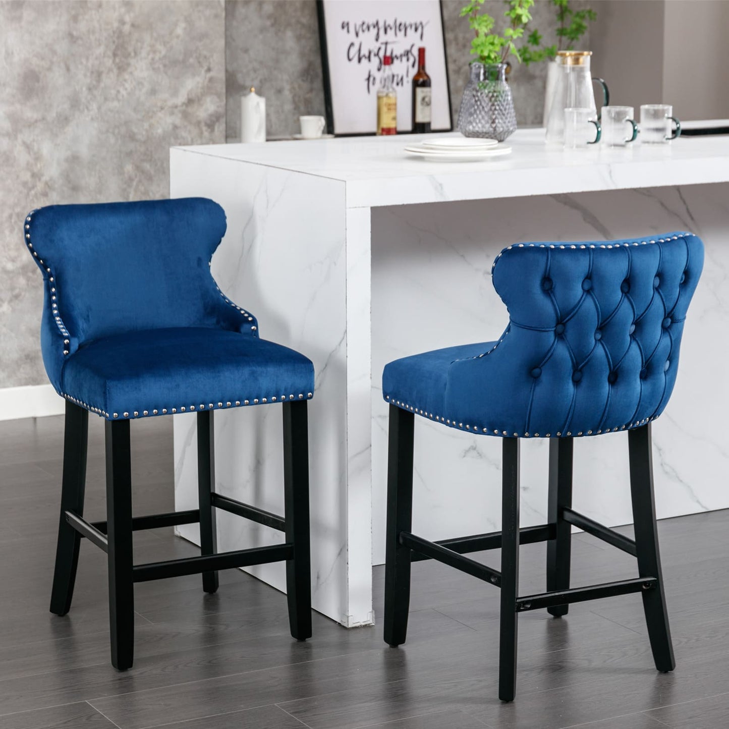 2pcs Chrome Accent Wingback Bar Stools Tufted Velvet with Nailhead and Black Legs- Blue_0