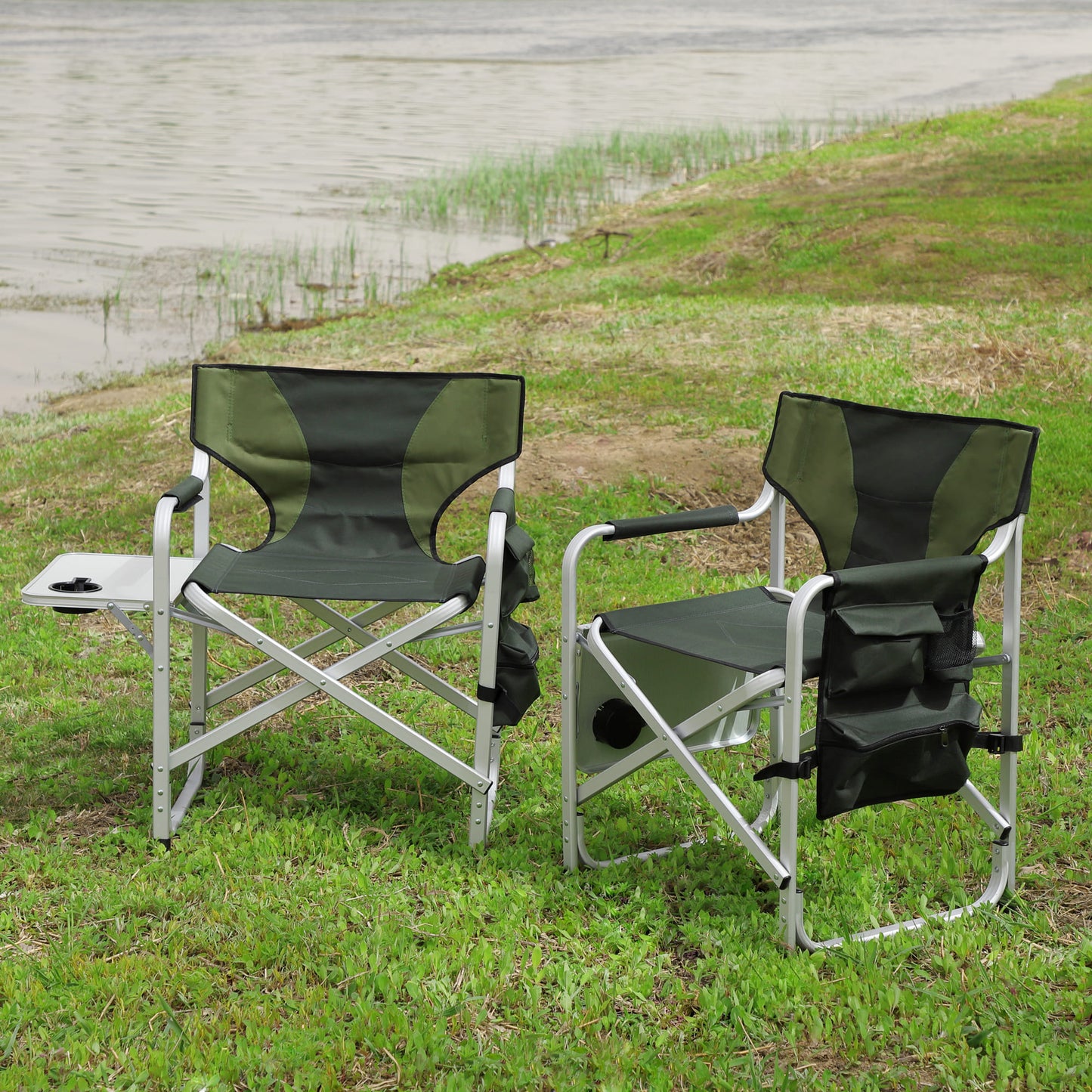 2pcs Padded Folding Outdoor Chair with Pockets Oversized Directors Chair- Green_0