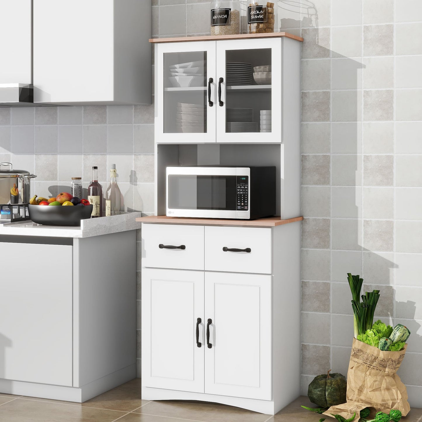 Wooden Pantry Room Microwave Storage with Framed Glass Doors and Drawer- White_1