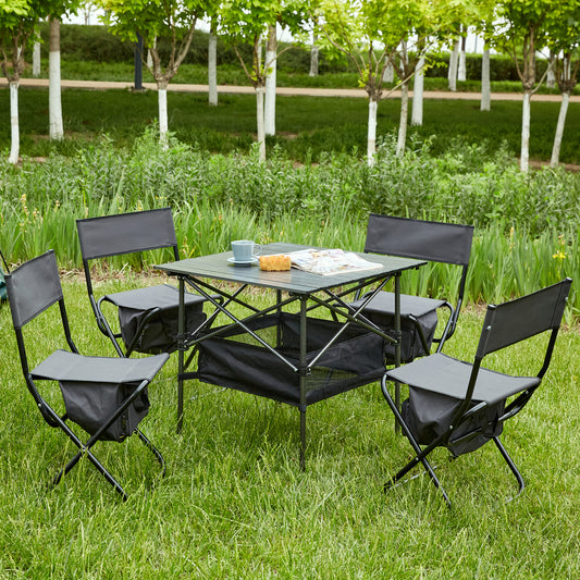 Set of 5 Outdoor Camping Foldable Chair and Roll up Portable Table- Black_0