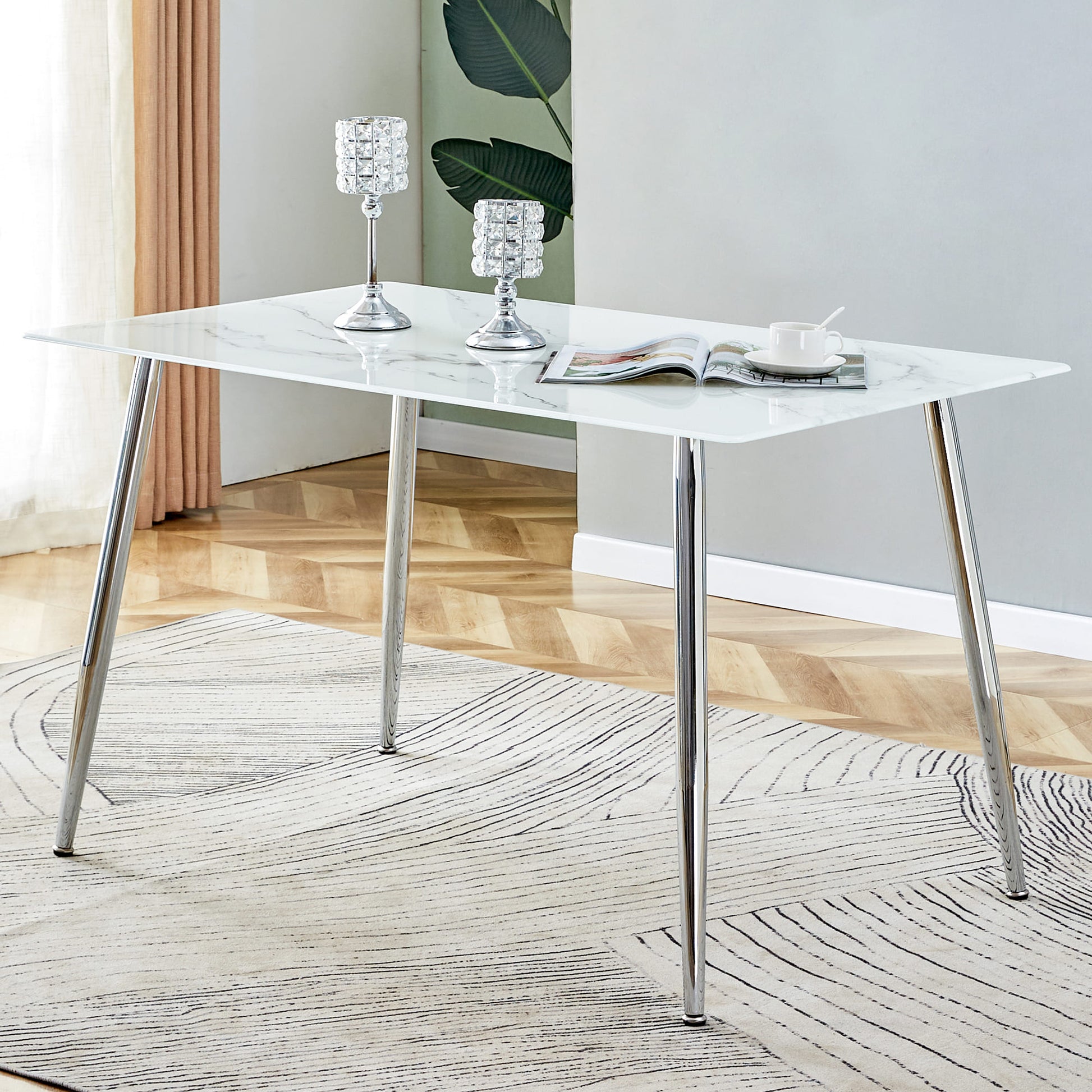 Modern Minimalist Rectangular White Marbled Tempered Glass Desktop with Silver Metal Legs_0