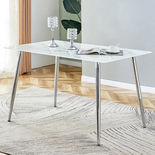 Modern Minimalist Rectangular White Marbled Tempered Glass Desktop with Silver Metal Legs_0