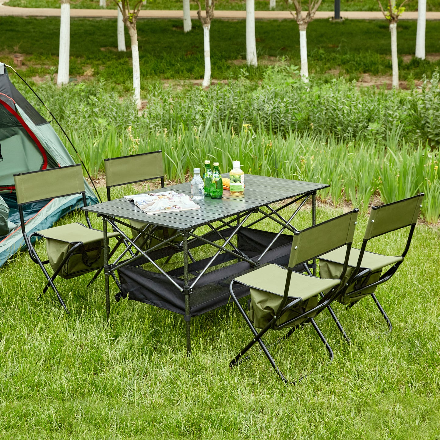 Set of 5 Outdoor Camping Foldable Chair and Roll up Portable Table- Green_1