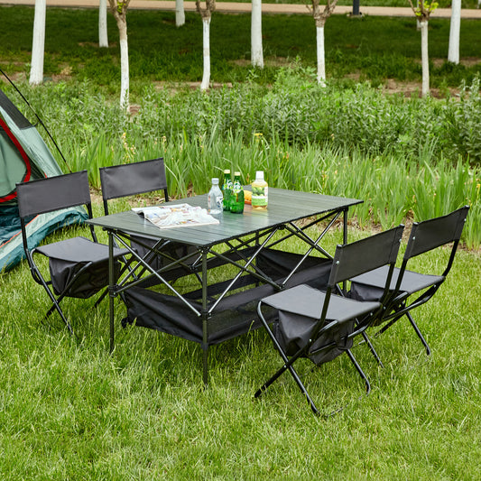 Set of 5 Outdoor Camping Foldable Chair and Roll up Portable Table- Black+Gray_0