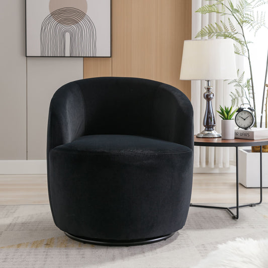 Velvet Fabric Swivel Accent Armchair Plain Barrel Chair With Black Metal Ring- Black_0