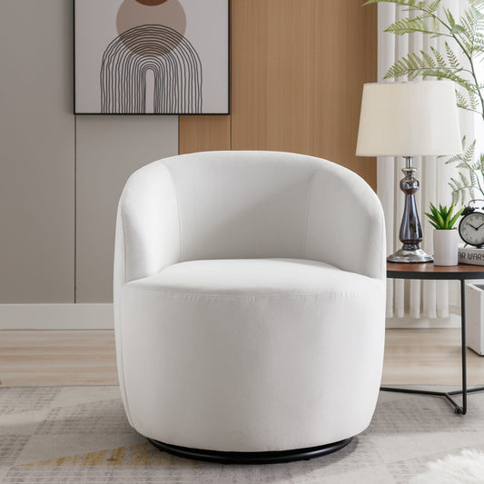 Velvet Fabric Swivel Accent Armchair Plain Barrel Chair With Black Metal Ring- White_0